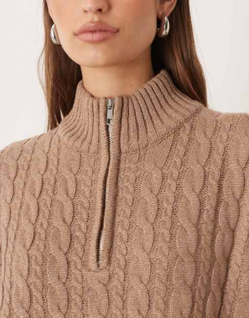 Pretty Lavish cable knit half zip neck sweater in neutral | ASOS