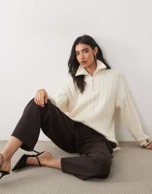 Pretty Lavish Cable Knit High Neck Zip Up Sweater In White