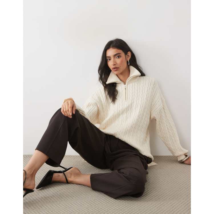 Pretty Lavish cable knit high neck zip up sweater in cream | ASOS