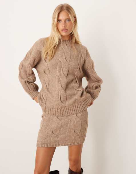 Pretty Lavish cable knit jumper co-ord in taupe - view 1