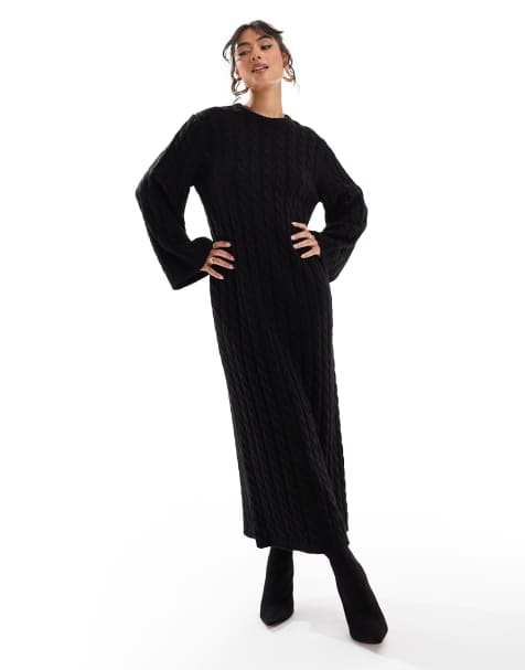 Pretty Lavish cable knit midaxi dress in black - view 1