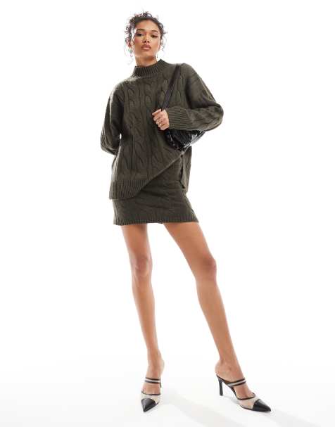 Pretty Lavish cable knit mini skirt co-ord in olive - view 1