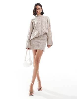 cable knit mini skirt in beige - part of a set-Neutral