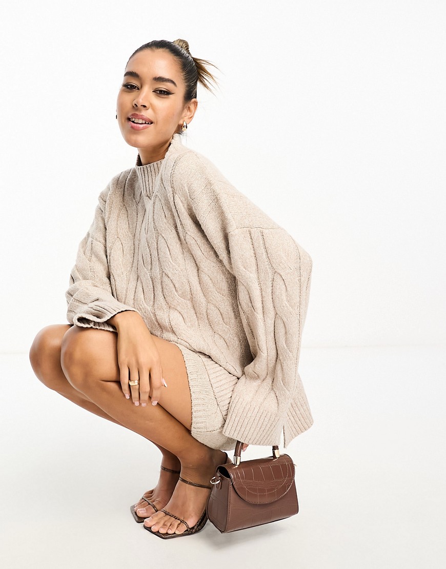 Pretty Lavish cable knit roll neck jumper co-ord in beige-Neutral