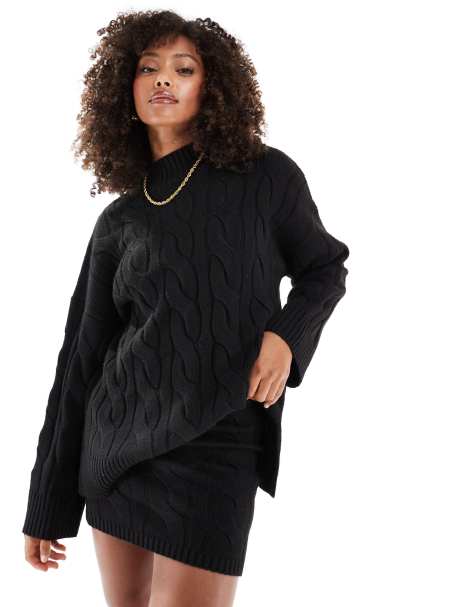 Pretty Lavish cable knit roll neck jumper co-ord in black - view 1