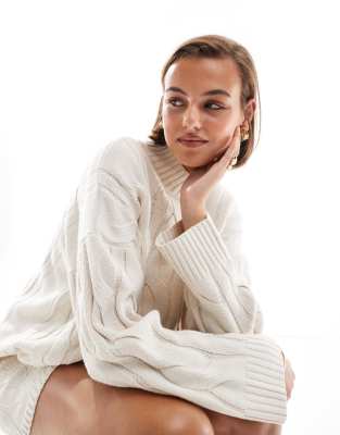 Pretty Lavish Pretty Lavish cable knit roll neck jumper co-ord in cream-White