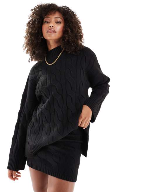 Pretty Lavish cable knit roll neck jumper in black (part of a set) 