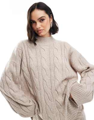 cable knit roll neck sweater in beige - part of a set-Neutral