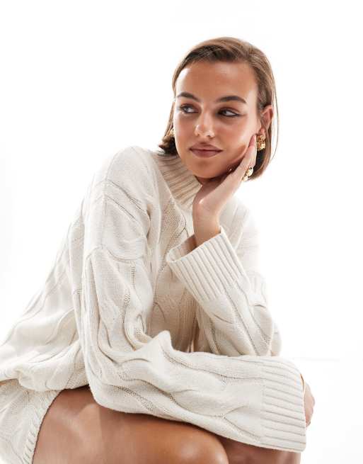 Pretty Lavish cable knit roll neck sweater in cream - part of a set 