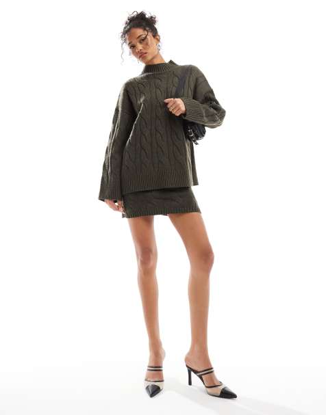 Pretty Lavish cable knit set in olive - view 1