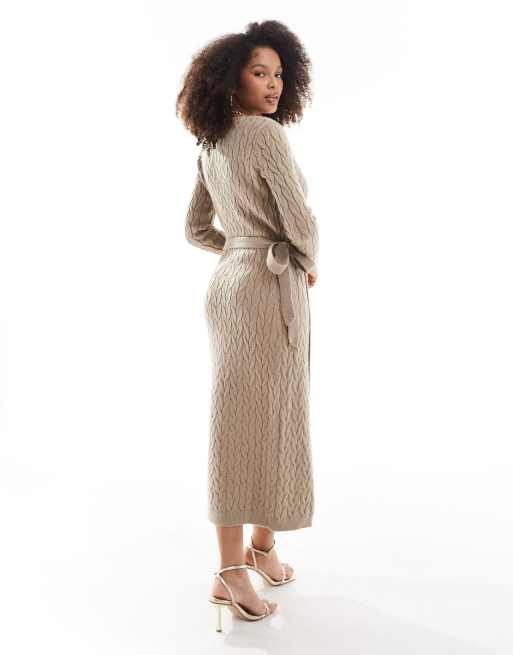Pretty Lavish cable knit wrap midaxi dress in taupe, 3 of 4