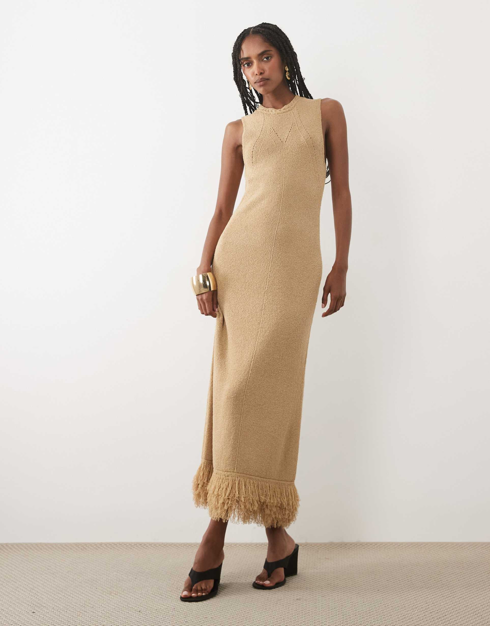 pretty lavish cameron knit sleeveless racer neck tassel hem maxi dress in taupe
