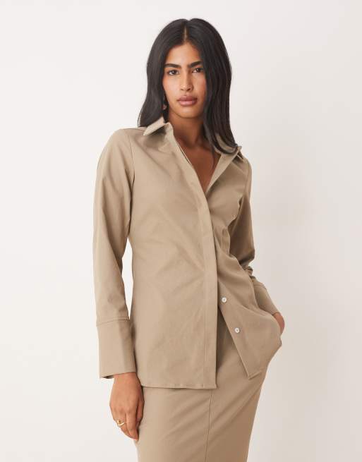Pretty Lavish - Camicia stretta in vita color pietra in coordinato