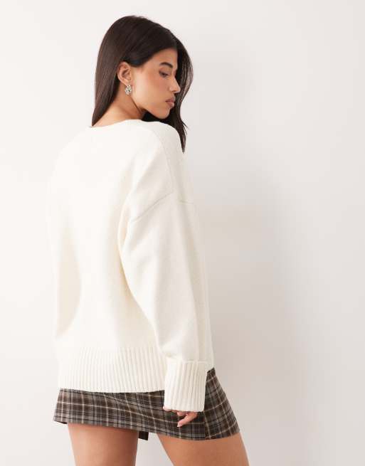 Pretty Lavish Camille borg knit oversized jumper with ribbed detail in cream, 2 of 4