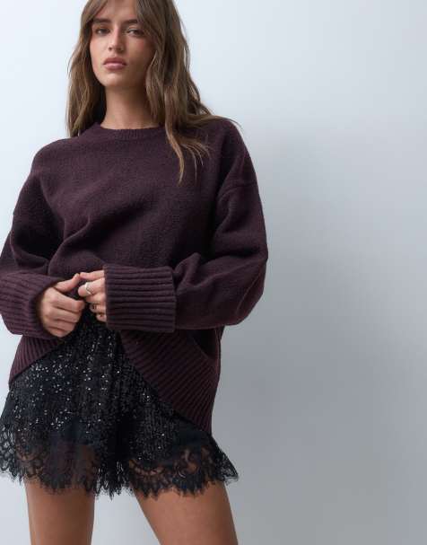 Pretty Lavish Camille borg knit oversized jumper with ribbed detail in fig - view 1