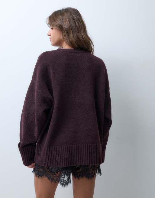 Pretty Lavish Camille borg knit oversized jumper with ribbed detail in fig, 4 of 4
