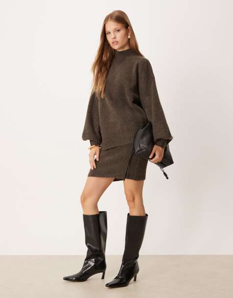 Pretty Lavish Camille knit balloon sleeve jumper co-ord in brown - view 1