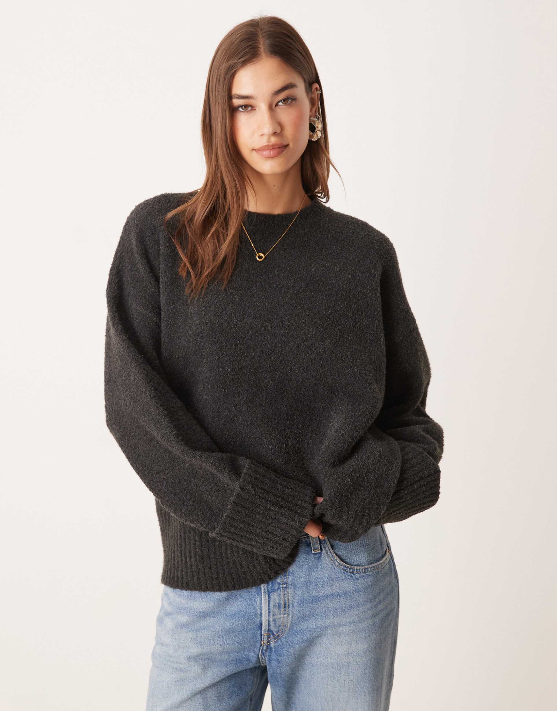 pretty lavish camille oversized teddy sweater in charcoal