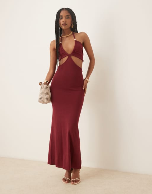 Pretty Lavish - Candice - Vestito lungo allacciato al collo bordeaux con perline, 2 di 4