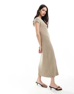 cap sleeve knit midi dress in stone-Neutral