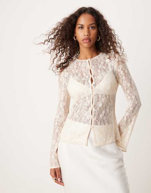 Pretty Lavish - Cardigan color ostrica in pizzo con paillettes 