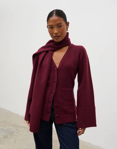 Pretty Lavish - Cardigan in maglia bordeaux con sciarpa - view 1