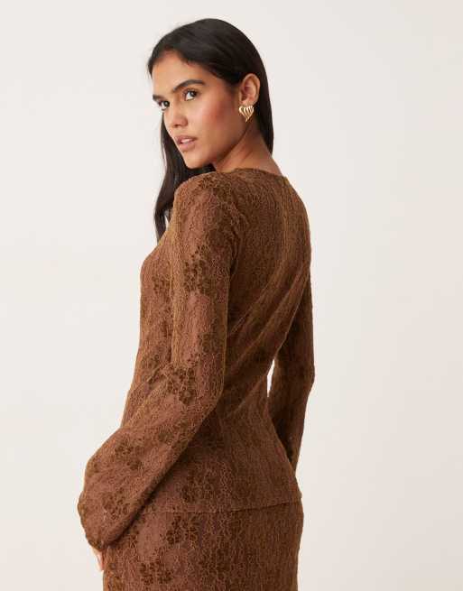 Pretty Lavish - Cardigan marrone cioccolato in pizzo in coordinato, 4 di 4