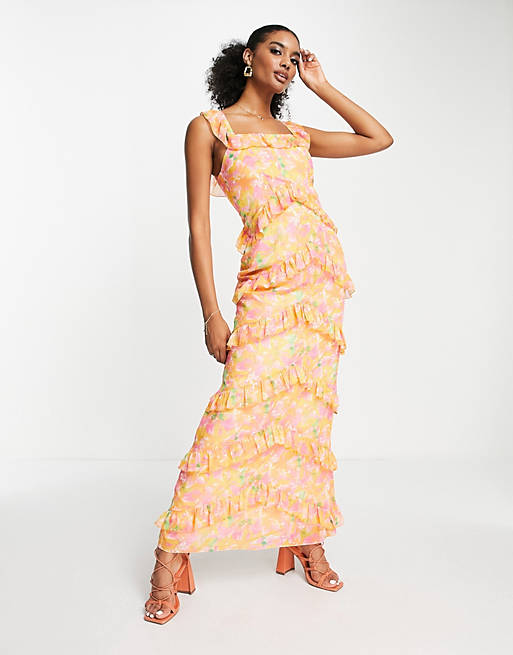 Pretty Lavish Cecile ruffle maxi dress in orange and pink abstract floral