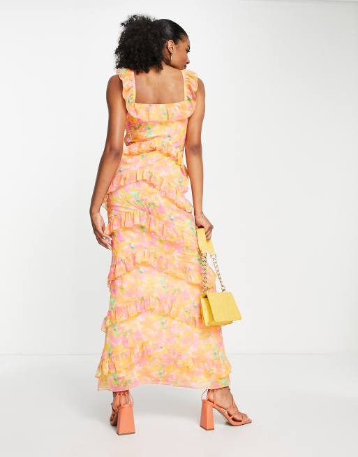 Pretty Lavish Cecile ruffle maxi dress in orange and pink abstract floral, 2 of 4