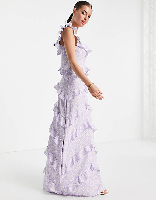 Pretty Lavish Cecile square neck ruffle midaxi dress in lilac abstract print