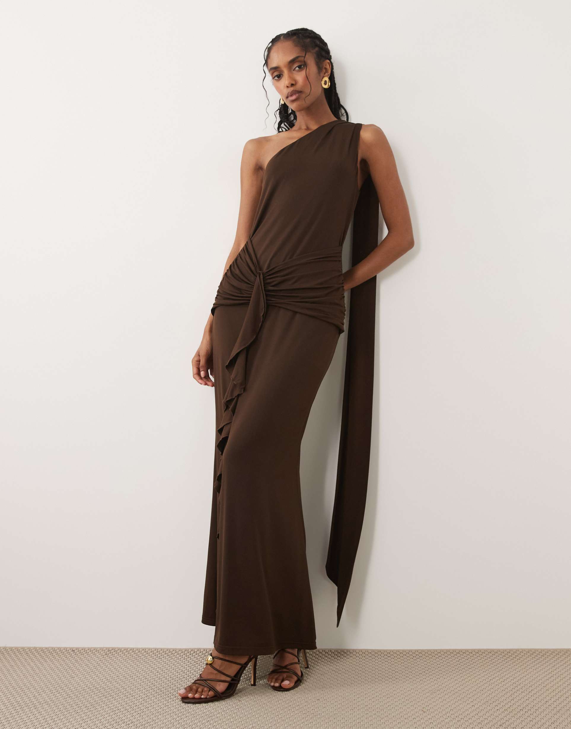 pretty lavish celina slinky one shoulder draped detail ruffle trim maxi dress in chocolate