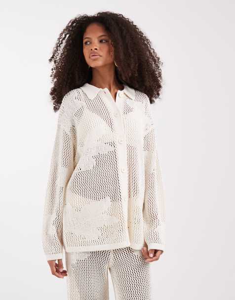 Pretty Lavish - Chemise d'ensemble oversize à fleurs en maille ajourée - Crème - view 1