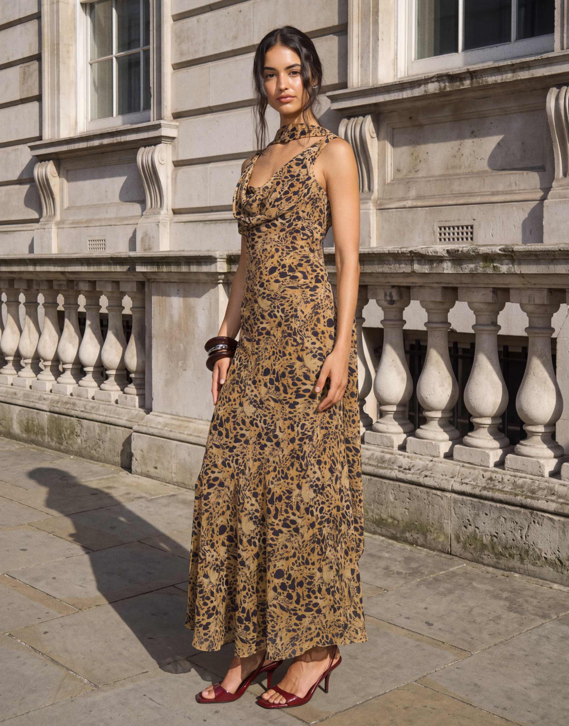 pretty lavish chiffon cowl neck scarf detail maxi dress in brown leopard print