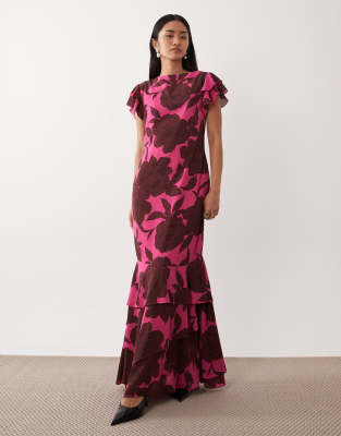 Pretty Lavish Chiffon Frill Sleeve Maxi Dress In Multi