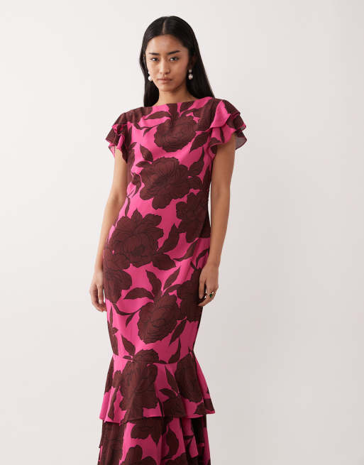 Pretty Lavish – Chiffon-Maxikleid in Rosa mit braunem Blumenmuster und Rüschenärmeln, 4 von 4