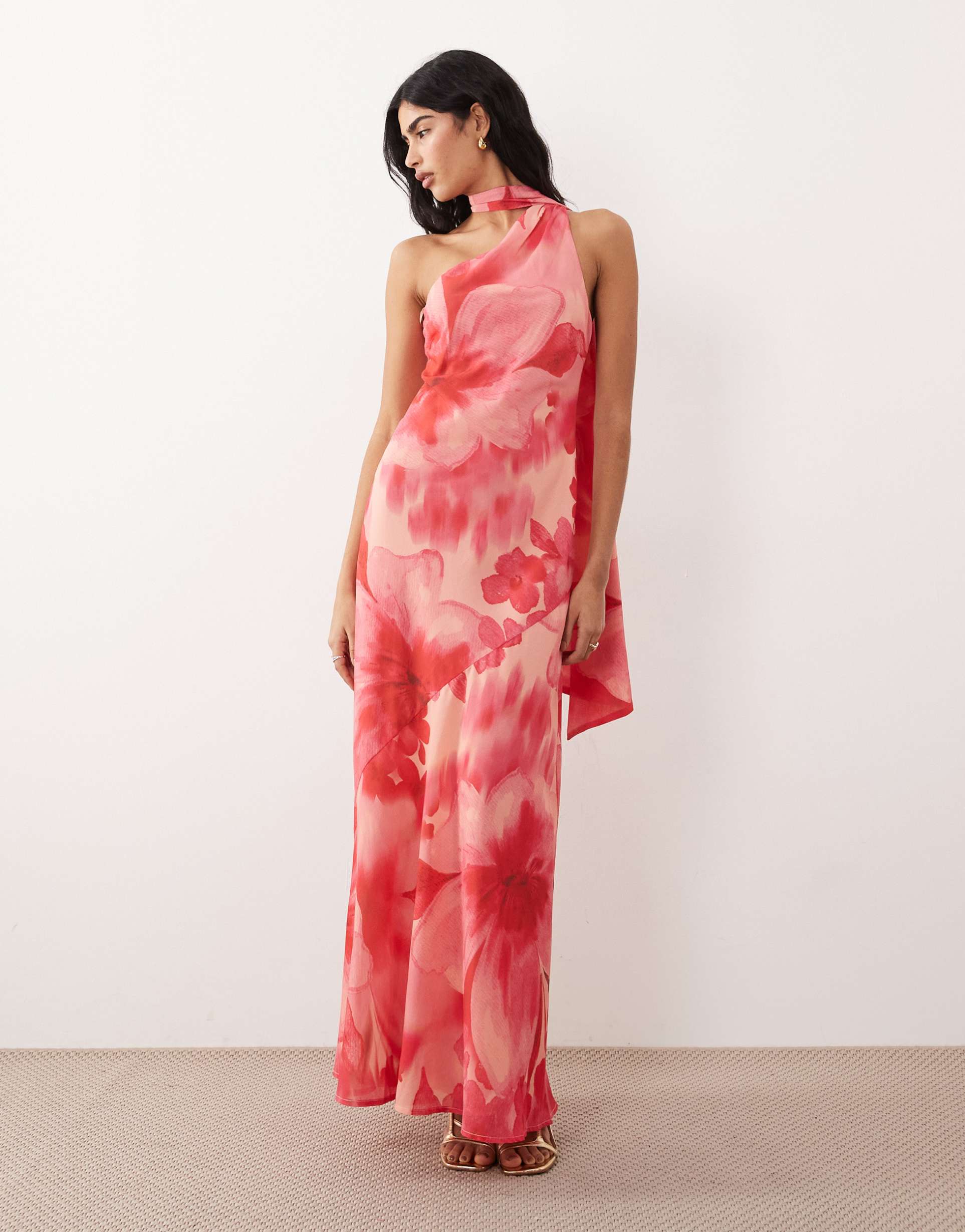pretty lavish chiffon one shoulder scarf neck maxi dress in red floral