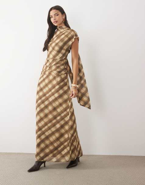 Pretty Lavish chiffon scarf detail cinched waist maxi dress in brown check - view 1