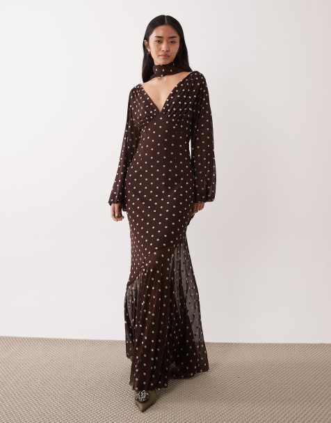 Pretty Lavish chiffon scarf v neck maxi dress in brown polka dot - view 1