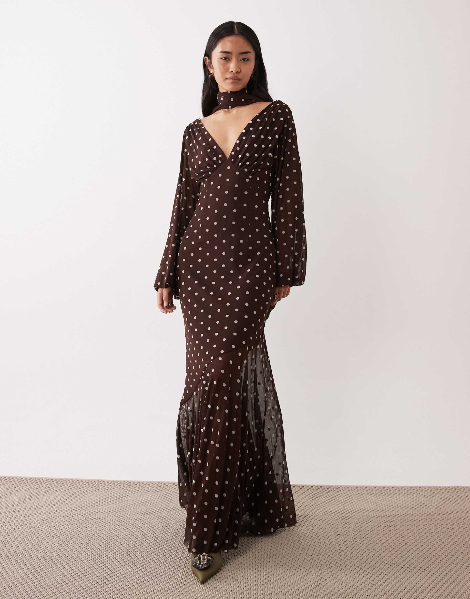 pretty lavish chiffon scarf v-neck maxi dress in brown polka dot