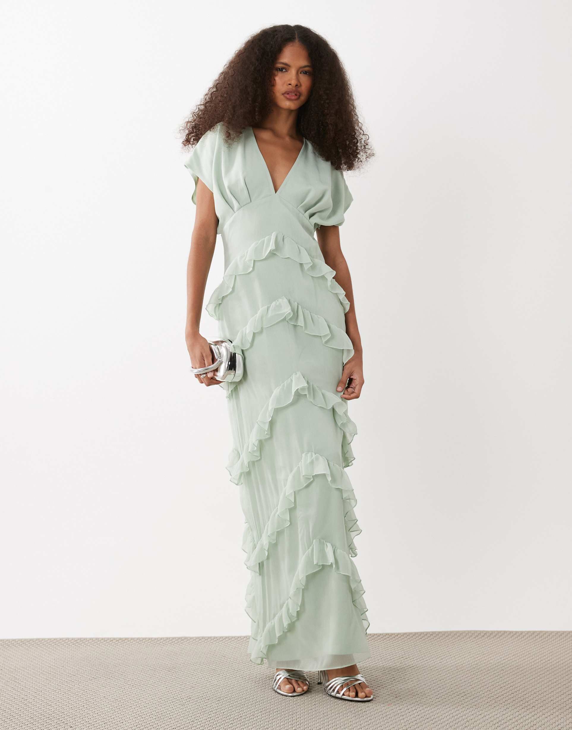 pretty lavish chiffon v-neck ruffle maxi dress in sage green