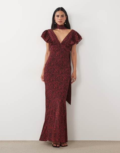 Pretty Lavish chiffon v neck tie detail frill sleeve maxi dress in red floral print - view 1