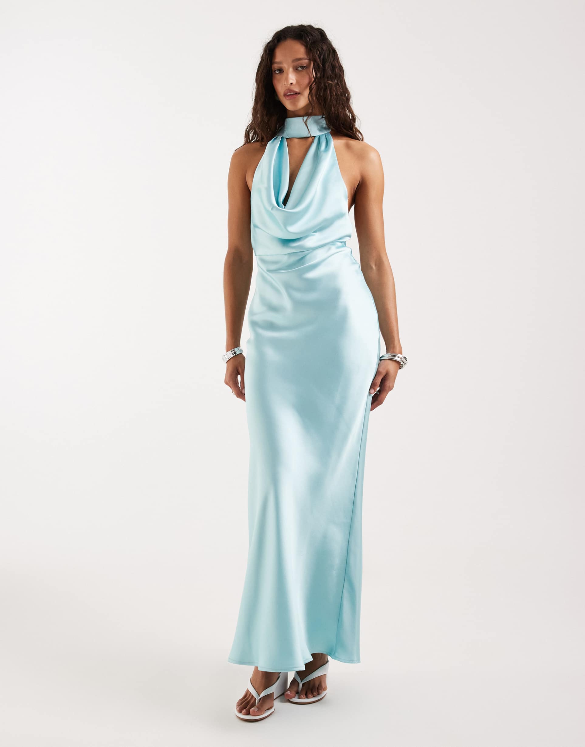 pretty lavish choker cowl neck low back satin maxi dress in soft aqua