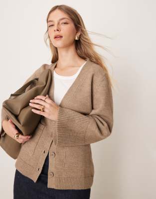 chunky cuff knit cardigan in taupe-Neutral