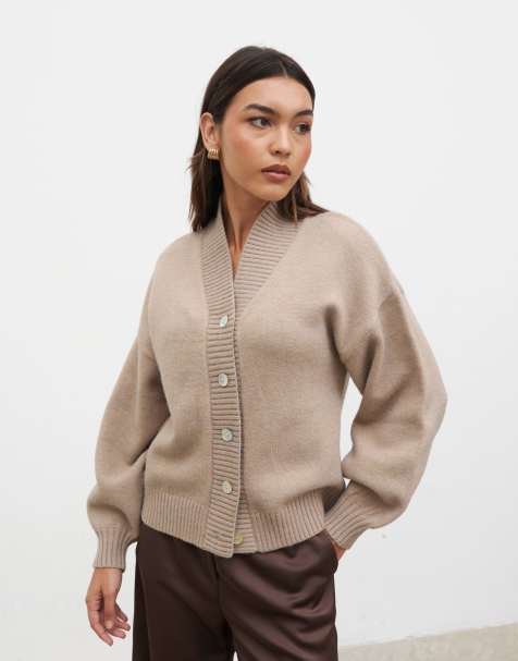 Pretty Lavish chunky knit buttoned bomber in beige - view 1