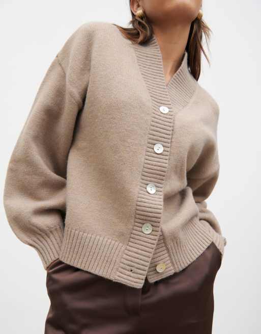 Pretty Lavish chunky knit buttoned bomber in beige, 3 of 4