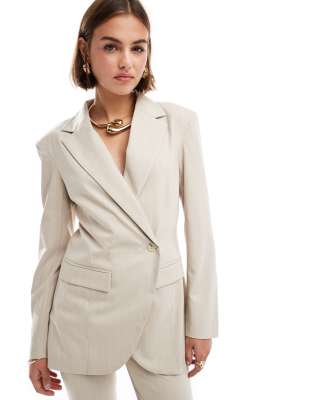 cinched waist blazer in beige pinstripe - part of a set-White