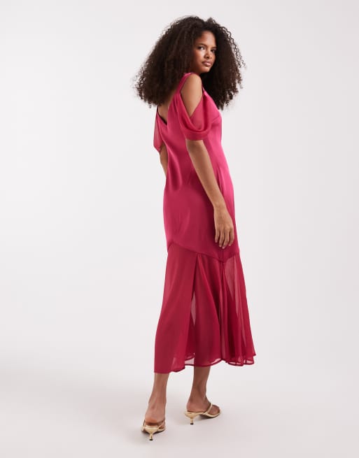 Pretty Lavish cold shoulder drop hem sheer maxi dress in berry, 3 of 4