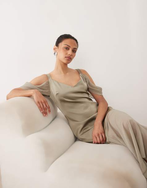 Pretty Lavish cold shoulder drop hem sheer maxi dress in taupe - view 1