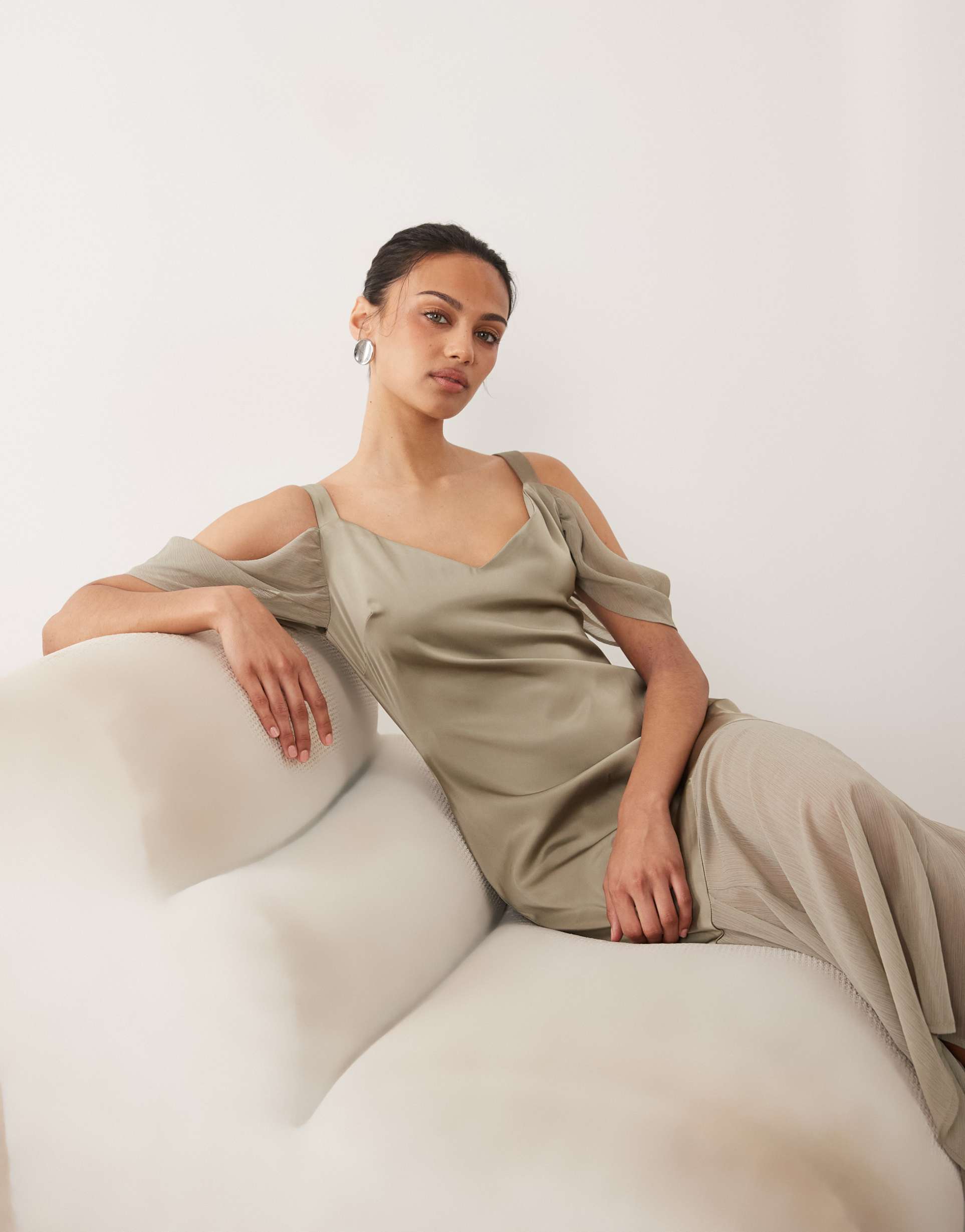 pretty lavish cold shoulder drop hem sheer maxi dress in taupe