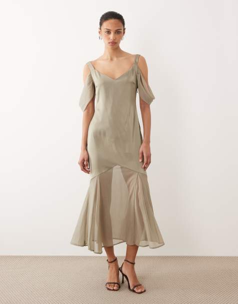 Pretty Lavish cold shoulder drop hem sheer maxi dress in taupe